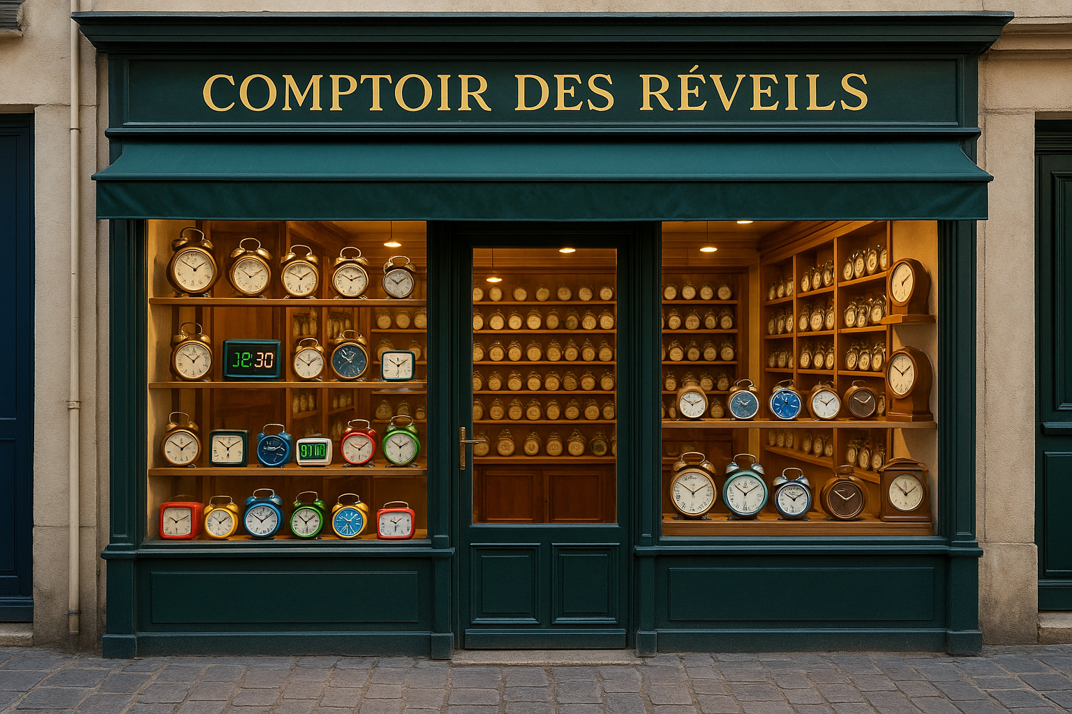 Je veux une photo qui représente un magasin de réveil. Le nom du magasin est : Comptoir des Réveils
Fais moi une photo réaliste s'il te plait