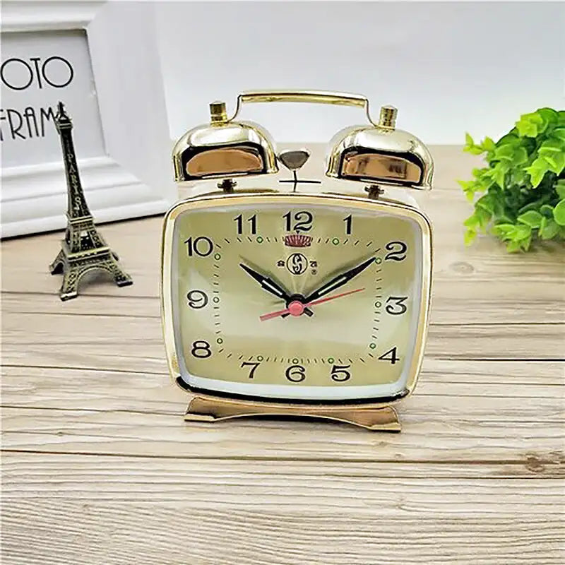 Réveil carré vintage en métal doré à double cloche