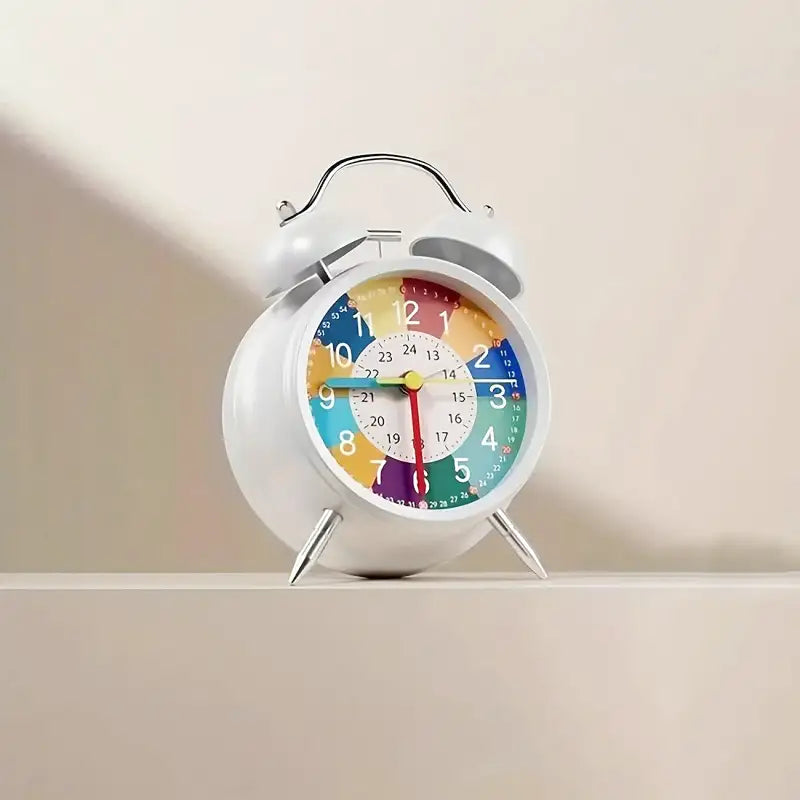 Réveil double cloche blanc avec cadran multicolore 24h