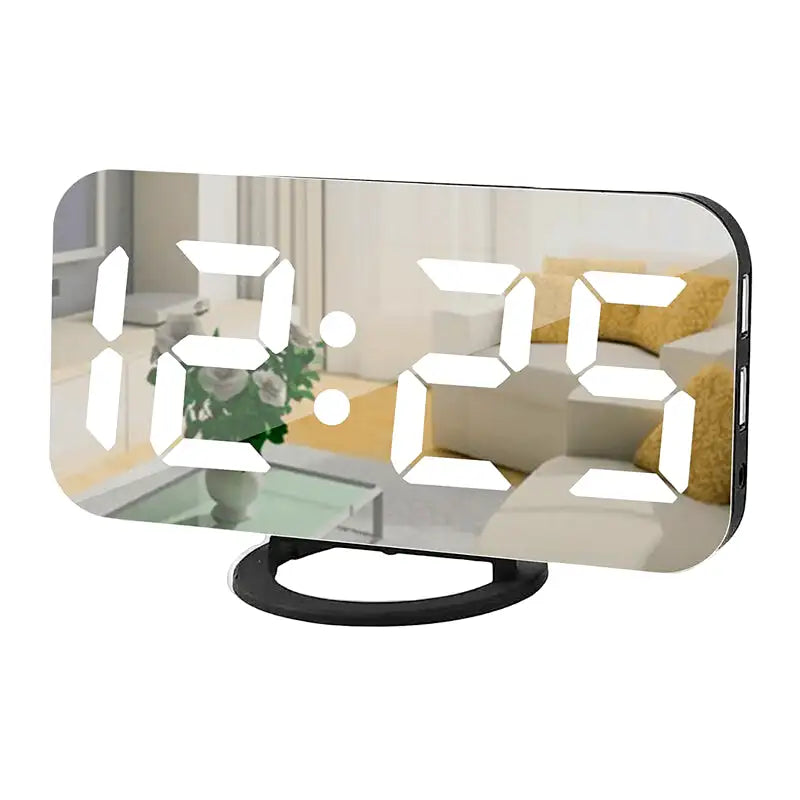 Réveil elliptique noir à surface miroir et LED blanc