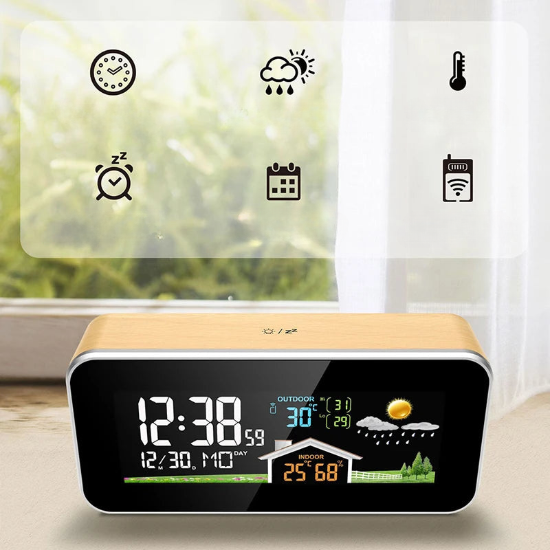 Station radio connectée avec affichage couleur et finition bois -  - reveil-connecte-intelligent - ["connect\u00e9","digital","lumineux","num\u00e9rique","radio bois","radio reveil bois","simple"]