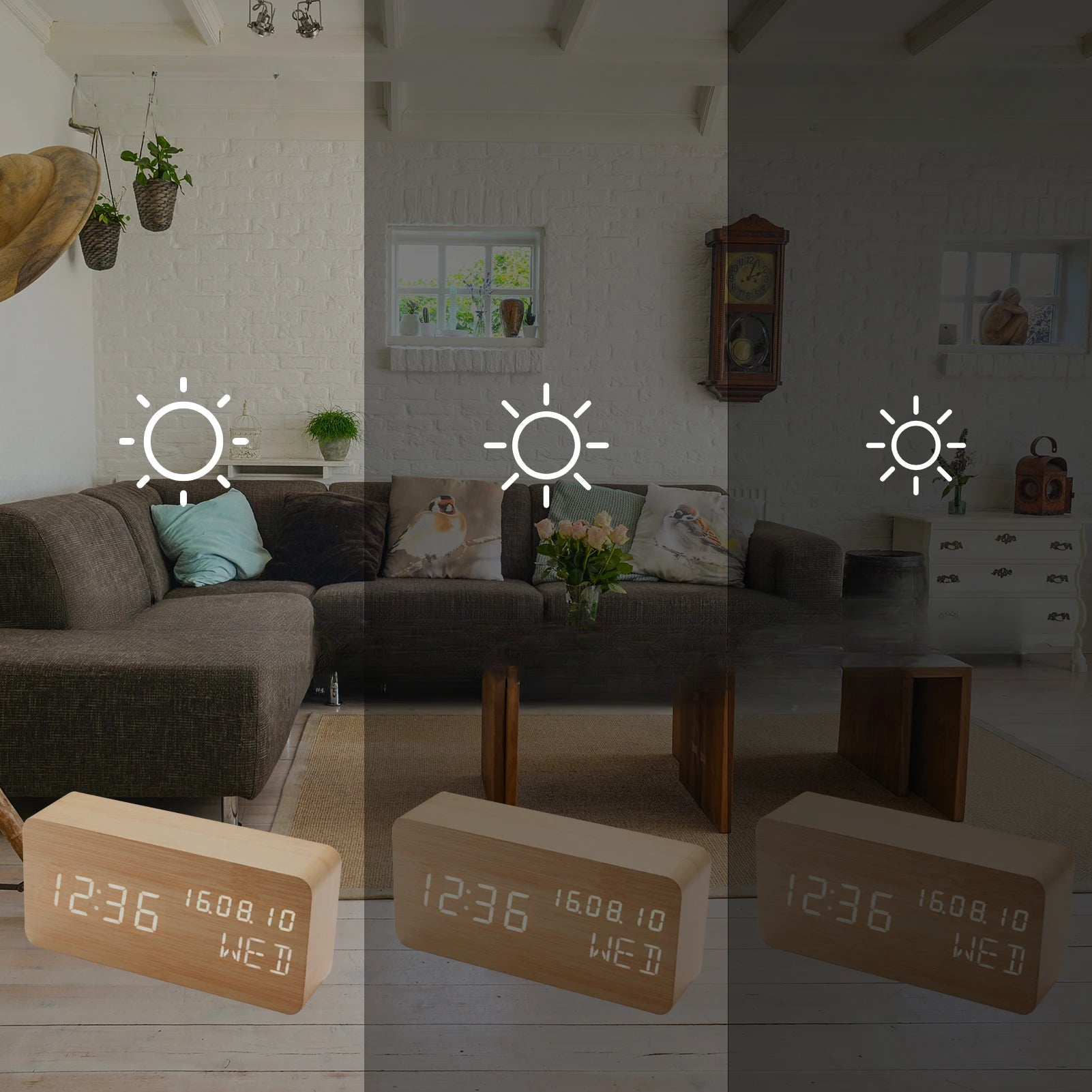 Réveil rectangulaire en bois clair avec affichage LED -  - reveil-bois-moderne - ["bois","digital","lumineux","naturel","petit reveil","radio reveil","radio reveil bois","r\u00e9veil digital","simple"]