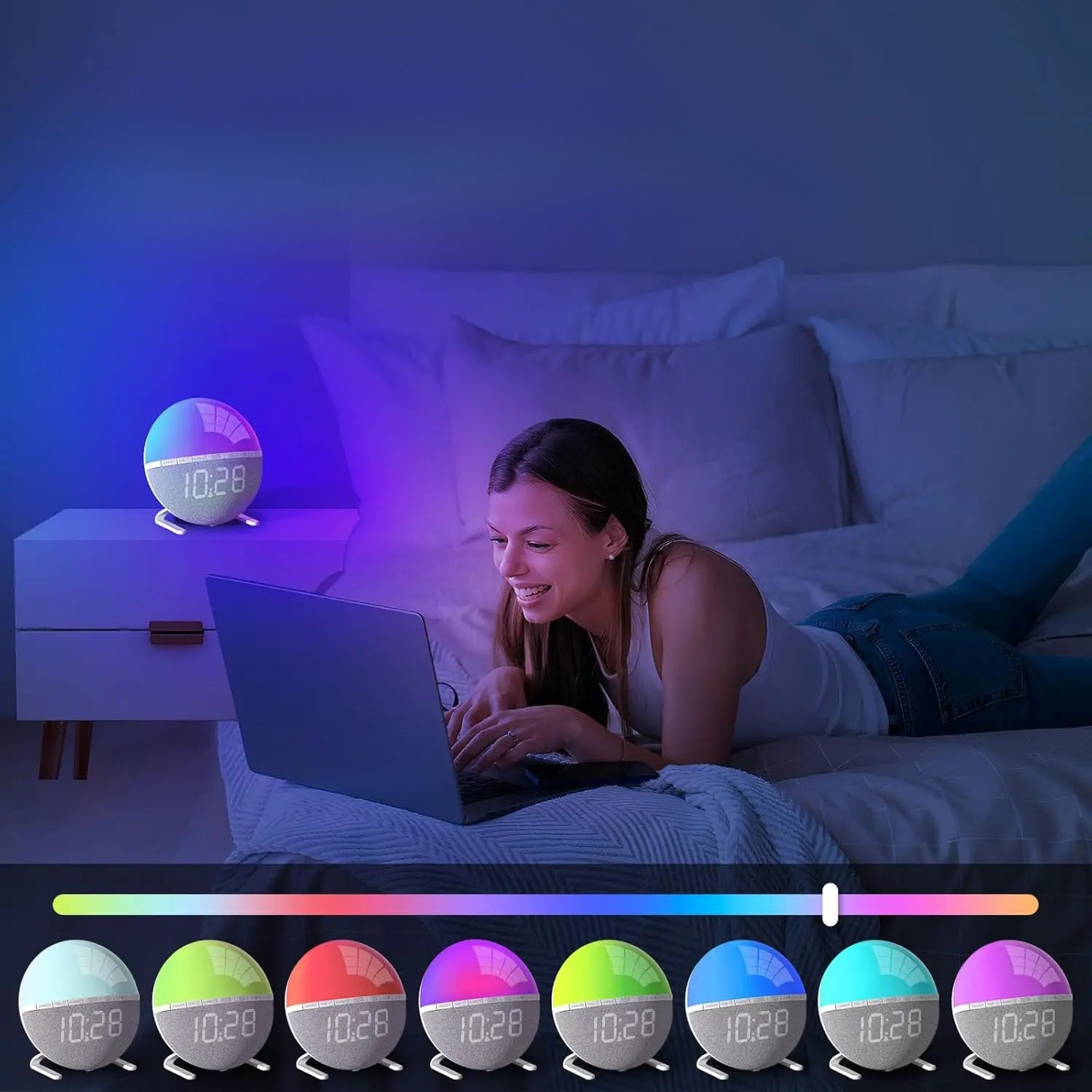 Réveil simulateur d’aube rond tissu et dégradé orangé -  - reveil-lumineux-aube - ["lumineux","Radio R\u00e9veil Lumineux"]