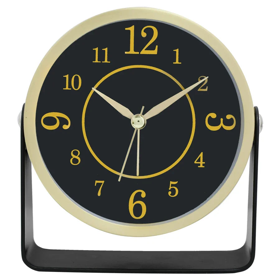 Réveil rond noir à chiffres dorés décoratifs -  - reveil-a-pile-design - ["analogique","digital","m\u00e9canique","petit","R\u00e9veil Analogique","r\u00e9veil digital","simple","voyage"]