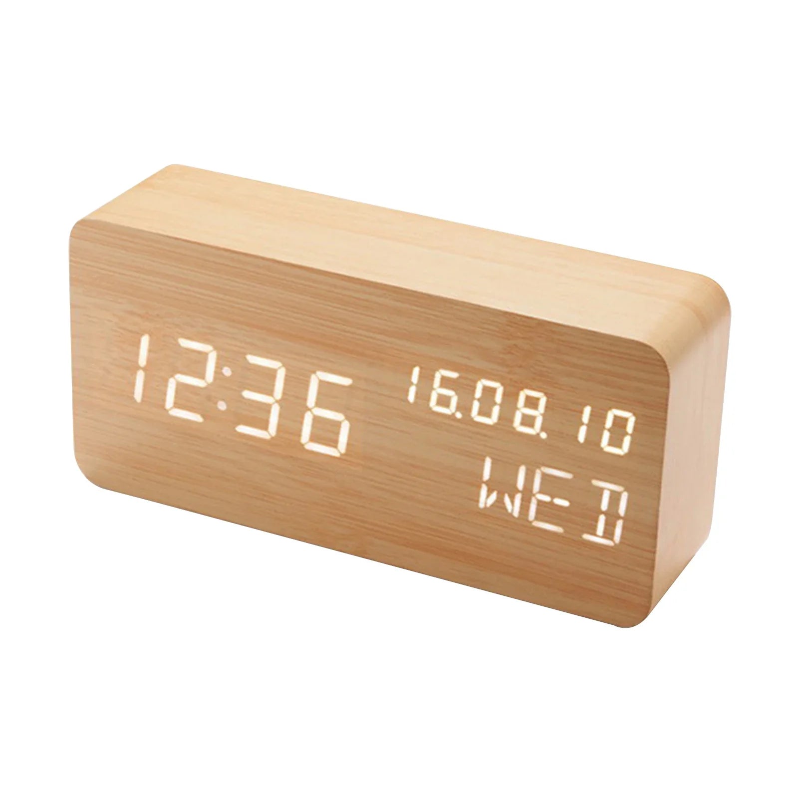 Réveil rectangulaire en bois clair avec affichage LED -  - reveil-bois-moderne - ["bois","digital","lumineux","naturel","petit reveil","radio reveil","radio reveil bois","r\u00e9veil digital","simple"]