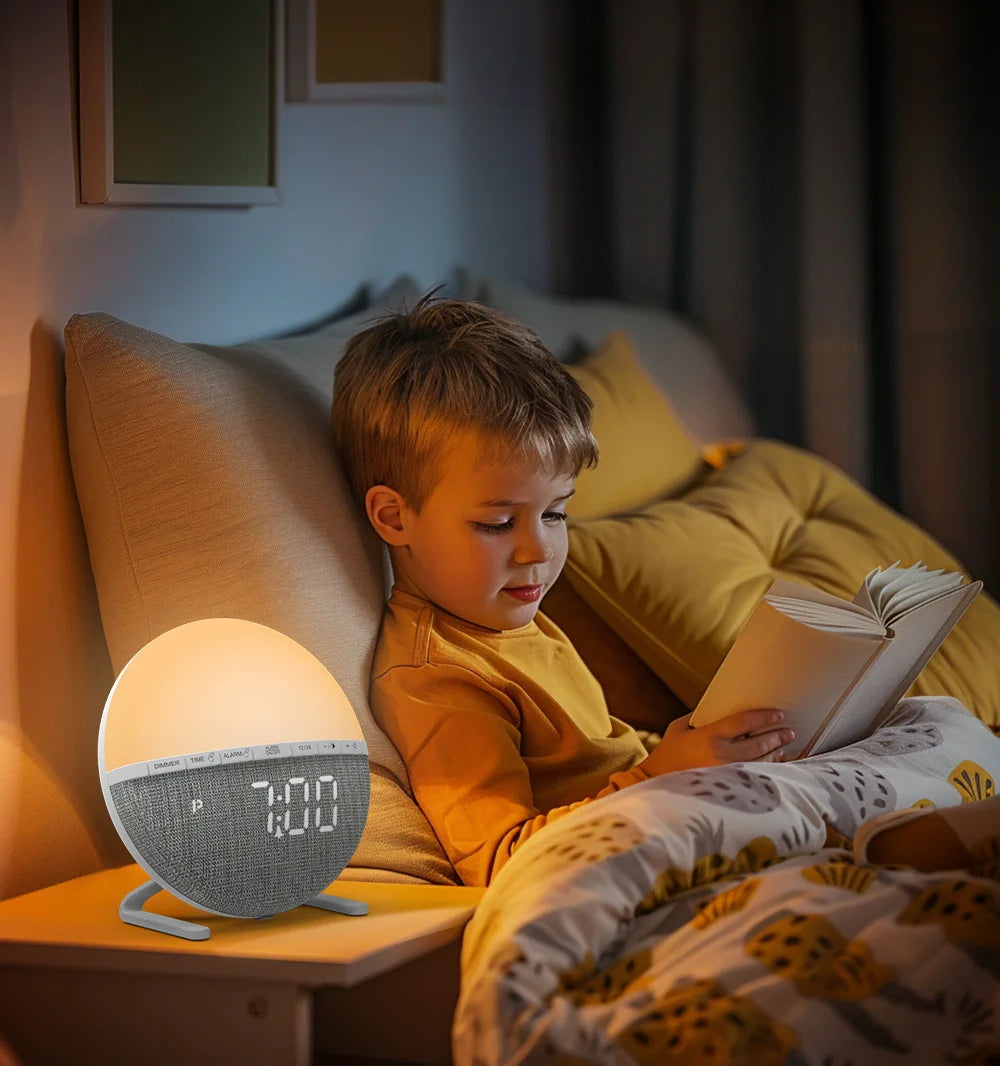 Réveil simulateur d’aube rond tissu et dégradé orangé -  - reveil-lumineux-aube - ["lumineux","Radio R\u00e9veil Lumineux"]