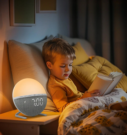 Réveil simulateur d’aube rond tissu et dégradé orangé -  - reveil-lumineux-aube - ["lumineux","Radio R\u00e9veil Lumineux"]