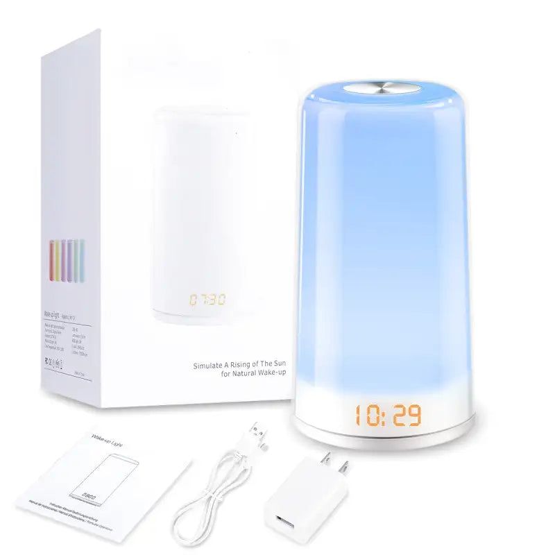 Lampe réveil cylindrique blanc et orange avec affichage digital -  - reveil-ado-lumiere - ["ado","bluetooth","digital","lumineux","lumi\u00e8re","num\u00e9rique","radio reveil lumineux","R\u00e9veil bluetooth","r\u00e9veil digital","simulateur d'aube"]