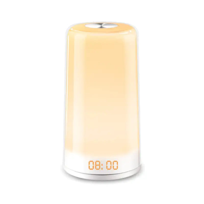 Lampe réveil cylindrique blanc et orange avec affichage digital -  - reveil-ado-lumiere - ["ado","bluetooth","digital","lumineux","lumi\u00e8re","num\u00e9rique","radio reveil lumineux","R\u00e9veil bluetooth","r\u00e9veil digital","simulateur d'aube"]
