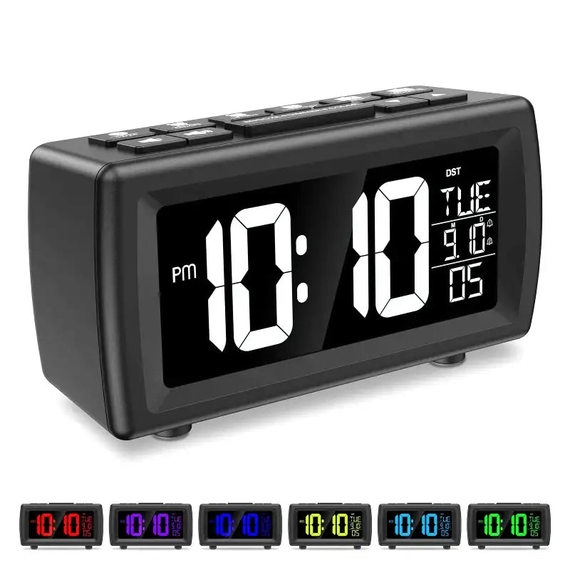 Radio réveil LED multicolore à écran noir rectangulaire -  - radio-reveil-sans-fil - ["digital","lumineux","moderne","num\u00e9rique","petit","Radio R\u00e9veil Lumineux","r\u00e9veil digital","simple"]