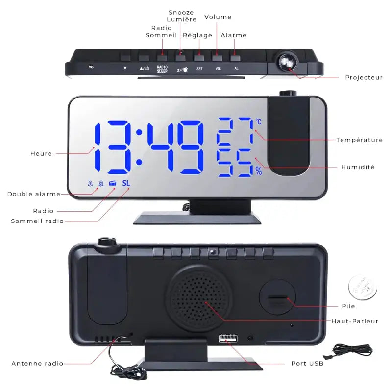 Radio réveil noir argent avec LED bleues et capteurs -  - radio-reveil-projecteur-design - ["digital","lumineux","num\u00e9rique","petit r\u00e9veil","projecteur","radio reveil projecteur","Radio R\u00e9veil Lumineux","r\u00e9veil digital","r\u00e9veil projecteur","simple"]