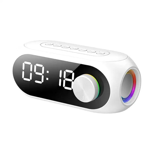Radio réveil ovale blanc avec LED multicolores intégrées -  - radio-reveil-connecte-avec-enceinte - ["bluetooth","connect\u00e9","digital","lumineux","num\u00e9rique","petit reveil","plastique","radio reveil connect\u00e9","Radio R\u00e9veil Lumineux","R\u00e9veil bluetooth","r\u00e9veil connect\u00e9","r\u00e9veil digital","simple"]