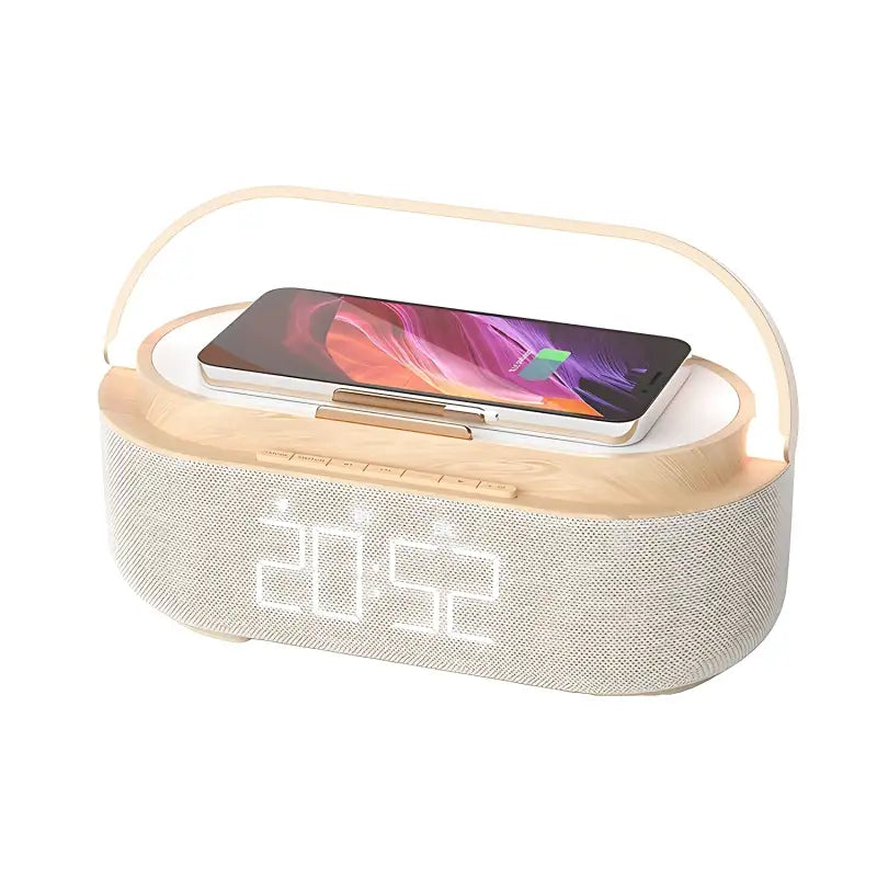 Radio réveil ovale tissu et bois avec chargeur sans fil -  - radio-reveil-connecte-lumiere - ["bluetooth","chargeur induction","connect\u00e9","digital","lumineux","lumi\u00e8re","radio reveil","radio reveil bois","radio reveil connect\u00e9","Radio R\u00e9veil Lumineux","r\u00e9veil bluetooth","r\u00e9veil chargeur induction","r\u00e9veil connect\u00e9","r\u00e9veil digital","simple","veilleuse"]