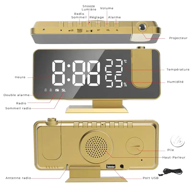 Radio réveil projecteur doré à affichage numérique noir -  - radio-reveil-projecteur-original - ["connect\u00e9","digital","num\u00e9rique","petit reveil","projecteur","radio reveil connect\u00e9","radio reveil projecteur","r\u00e9veil connect\u00e9","r\u00e9veil digital","r\u00e9veil projecteur","simple"]