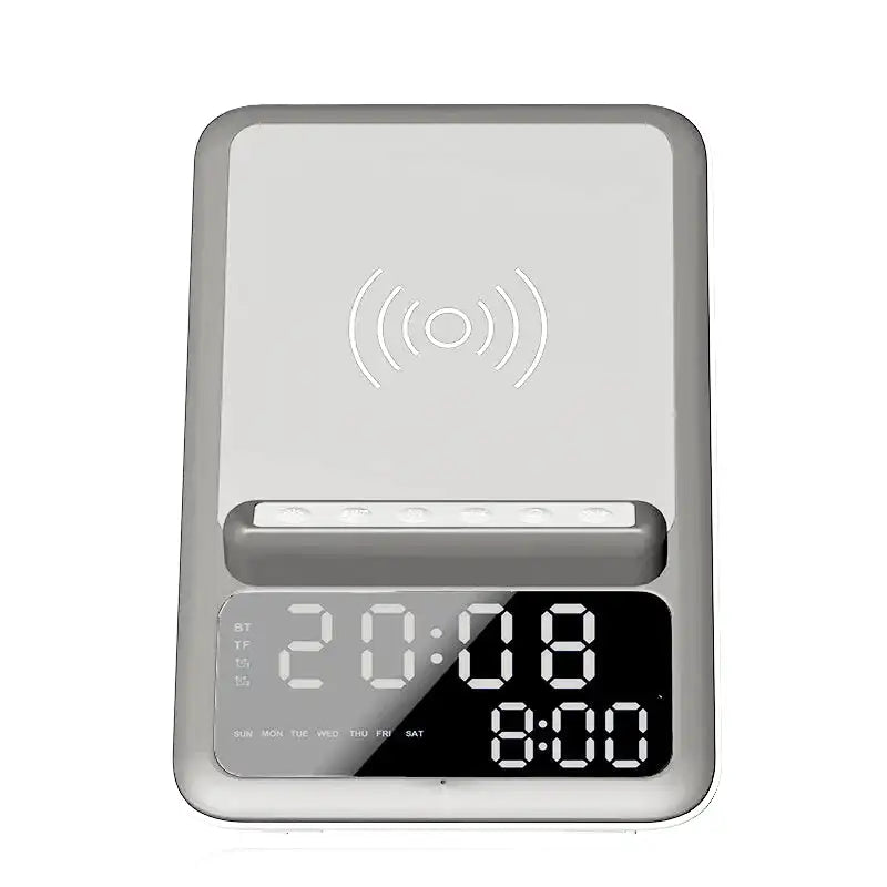 Radio réveil rectangulaire gris métal avec charge induction -  - radio-reveil-connecte-induction - ["bluetooth","chargeur induction","connect\u00e9","digital","num\u00e9rique","petit reveil","radio reveil connect\u00e9","R\u00e9veil bluetooth","r\u00e9veil chargeur induction","r\u00e9veil connect\u00e9","r\u00e9veil digital","simple"]