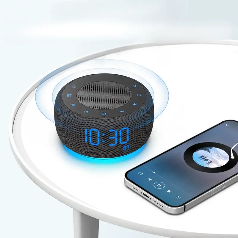 Radio réveil rond Bluetooth avec affichage LED bleu -  - radio-reveil-connecte-bluetooth - ["bluetooth","connect\u00e9","digital","intelligent","lumineux","lumi\u00e8re","num\u00e9rique","petit","petit reveil","radio reveil","radio reveil connect\u00e9","Radio R\u00e9veil Lumineux","r\u00e9veil bluetooth","r\u00e9veil connect\u00e9","r\u00e9veil digital","simple"]