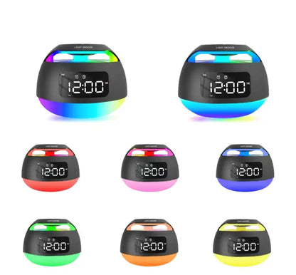 Radio réveil rond en plastique noir à LED colorées -  - radio-reveil-lumineux-bluetooth - ["bluetooth","digital","enfant","lumineux","lumi\u00e8re","num\u00e9rique","petit","petit reveil","Radio R\u00e9veil Lumineux","R\u00e9veil bluetooth","r\u00e9veil digital","r\u00e9veil enfant","simple"]