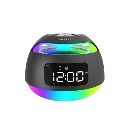 Radio réveil rond en plastique noir à LED colorées -  - radio-reveil-lumineux-bluetooth - ["bluetooth","digital","enfant","lumineux","lumi\u00e8re","num\u00e9rique","petit","petit reveil","Radio R\u00e9veil Lumineux","R\u00e9veil bluetooth","r\u00e9veil digital","r\u00e9veil enfant","simple"]