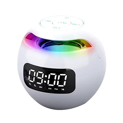 Radio réveil rond noir avec éclairage arc-en-ciel -  - radio-reveil-connecte-avec-fonction-lumineuse - ["bluetooth","connect\u00e9","digital","lumineux","lumi\u00e8re","num\u00e9rique","petit reveil","plastique","radio reveil connect\u00e9","Radio R\u00e9veil Lumineux","R\u00e9veil bluetooth","r\u00e9veil connect\u00e9","r\u00e9veil digital","simple"]