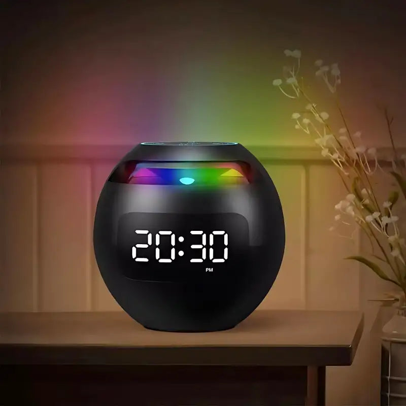 Radio réveil rond noir avec éclairage arc-en-ciel -  - radio-reveil-connecte-avec-fonction-lumineuse - ["bluetooth","connect\u00e9","digital","lumineux","lumi\u00e8re","num\u00e9rique","petit reveil","plastique","radio reveil connect\u00e9","Radio R\u00e9veil Lumineux","R\u00e9veil bluetooth","r\u00e9veil connect\u00e9","r\u00e9veil digital","simple"]
