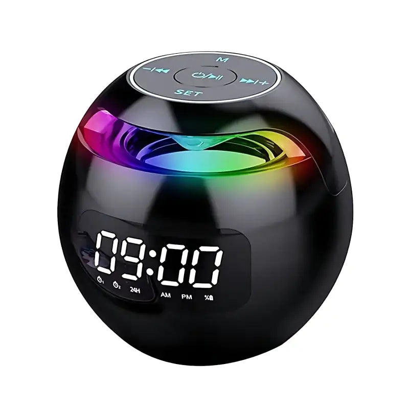 Radio réveil rond noir avec éclairage arc-en-ciel -  - radio-reveil-connecte-avec-fonction-lumineuse - ["bluetooth","connect\u00e9","digital","lumineux","lumi\u00e8re","num\u00e9rique","petit reveil","plastique","radio reveil connect\u00e9","Radio R\u00e9veil Lumineux","R\u00e9veil bluetooth","r\u00e9veil connect\u00e9","r\u00e9veil digital","simple"]