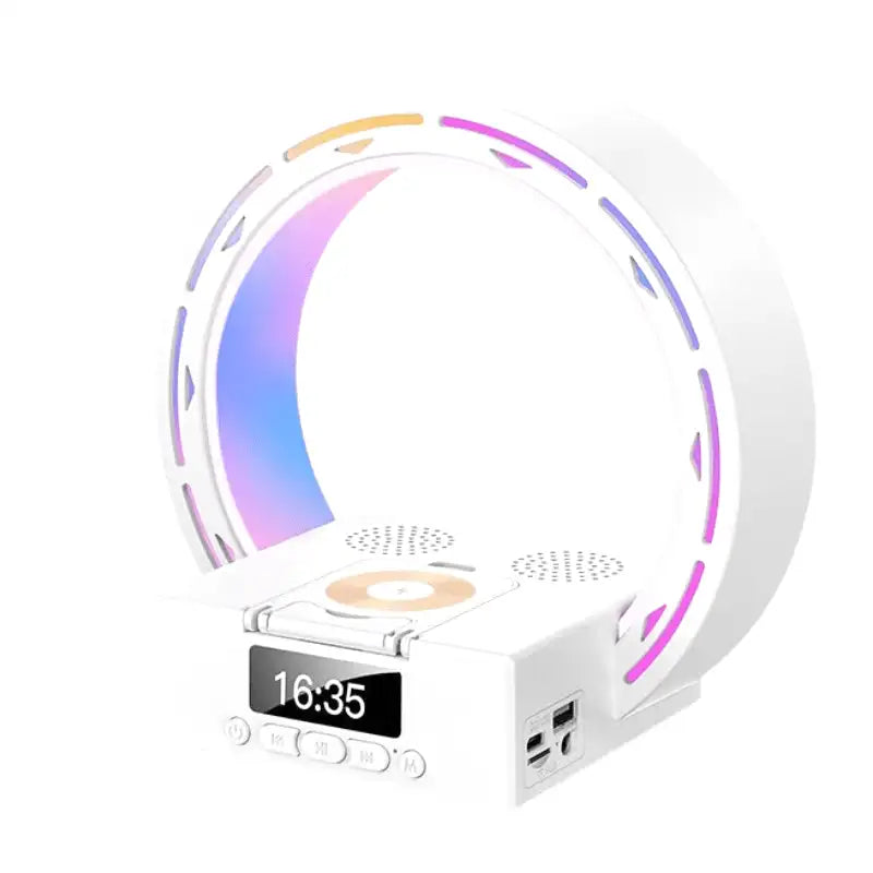 Réveil anneau LED multicolore en métal noir -  - reveil-bluetooth-lumineux - ["ambiance","bluetooth","digital","lumineux","lumi\u00e8re","moderne","petit","plastique","R\u00e9veil bluetooth","r\u00e9veil digital","simple","veilleuse"]