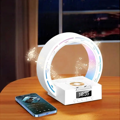 Réveil anneau LED multicolore en métal noir -  - reveil-bluetooth-lumineux - ["ambiance","bluetooth","digital","lumineux","lumi\u00e8re","moderne","petit","plastique","R\u00e9veil bluetooth","r\u00e9veil digital","simple","veilleuse"]