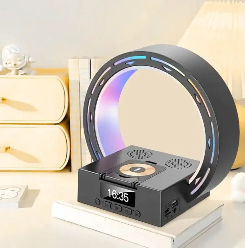 Réveil anneau LED multicolore en métal noir -  - reveil-bluetooth-lumineux - ["ambiance","bluetooth","digital","lumineux","lumi\u00e8re","moderne","petit","plastique","R\u00e9veil bluetooth","r\u00e9veil digital","simple","veilleuse"]