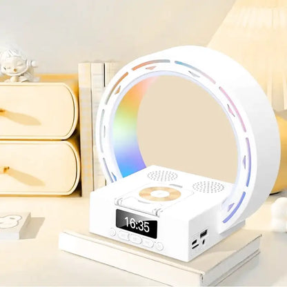 Réveil anneau LED multicolore en métal noir -  - reveil-bluetooth-lumineux - ["ambiance","bluetooth","digital","lumineux","lumi\u00e8re","moderne","petit","plastique","R\u00e9veil bluetooth","r\u00e9veil digital","simple","veilleuse"]