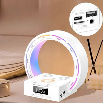 Réveil anneau LED multicolore en métal noir -  - reveil-bluetooth-lumineux - ["ambiance","bluetooth","digital","lumineux","lumi\u00e8re","moderne","petit","plastique","R\u00e9veil bluetooth","r\u00e9veil digital","simple","veilleuse"]