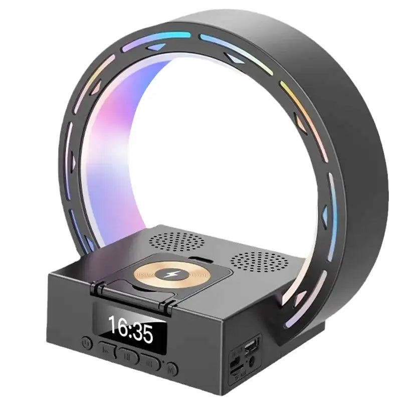 Réveil anneau LED multicolore en métal noir -  - reveil-bluetooth-lumineux - ["ambiance","bluetooth","digital","lumineux","lumi\u00e8re","moderne","petit","plastique","R\u00e9veil bluetooth","r\u00e9veil digital","simple","veilleuse"]