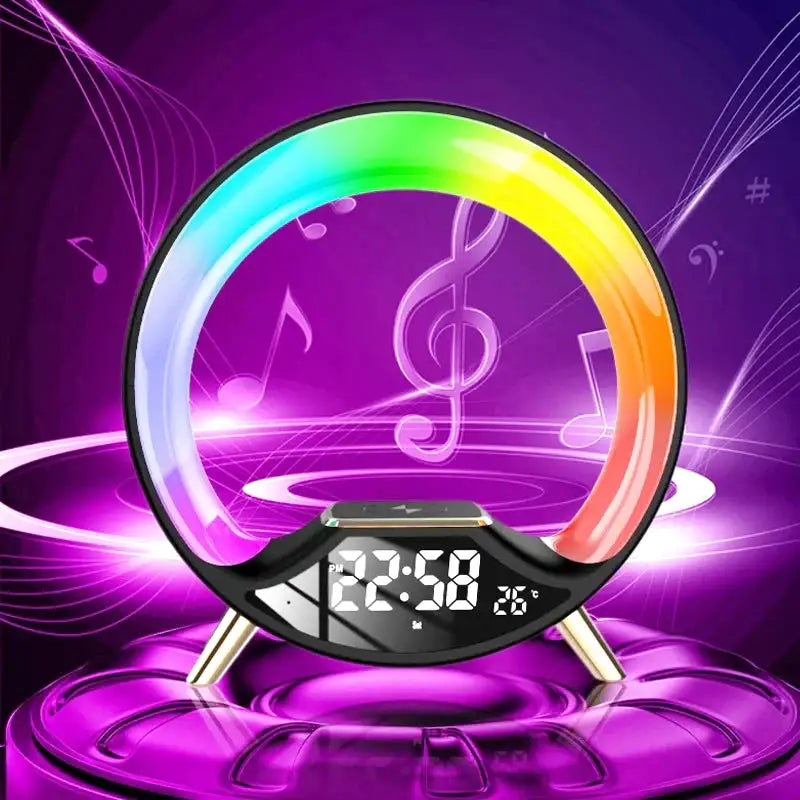 Réveil anneau lumineux arc-en-ciel sur base noire -  - reveil-simulateur-daube-enfant - ["bluetooth","enfant","R\u00e9veil bluetooth","r\u00e9veil enfant","simulateur d'aube","veilleuse"]