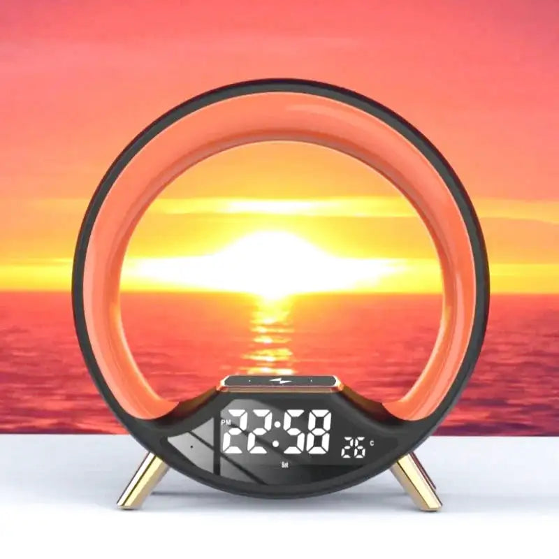 Réveil anneau lumineux arc-en-ciel sur base noire -  - reveil-simulateur-daube-enfant - ["bluetooth","enfant","R\u00e9veil bluetooth","r\u00e9veil enfant","simulateur d'aube","veilleuse"]