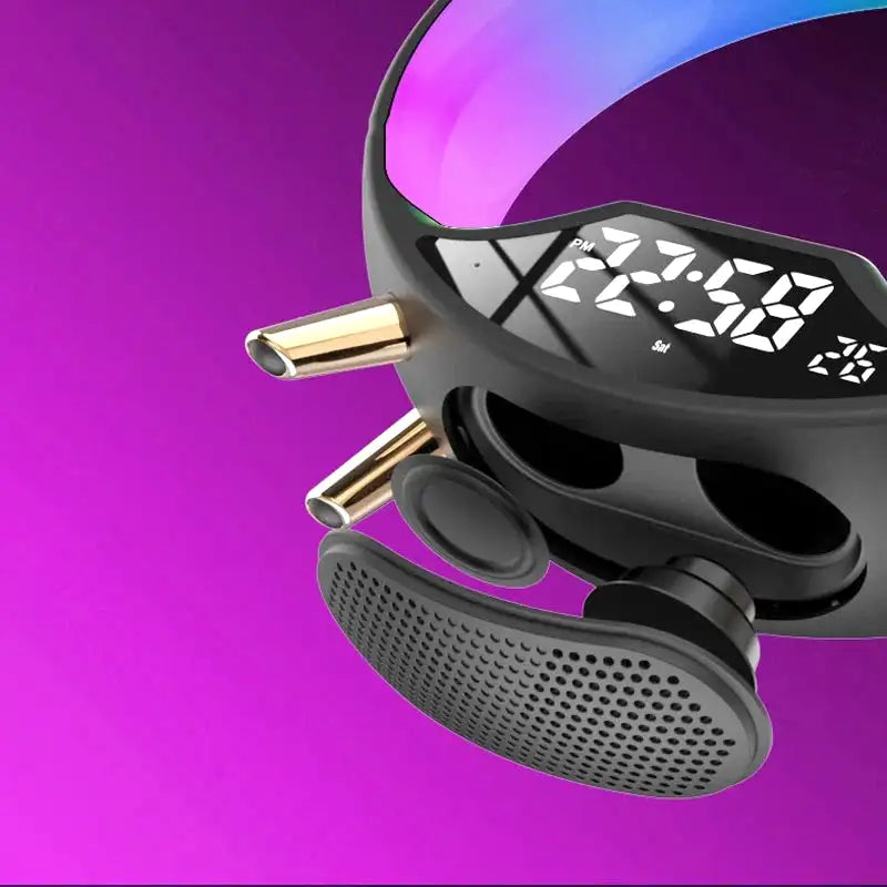 Réveil anneau lumineux arc-en-ciel sur base noire -  - reveil-simulateur-daube-enfant - ["bluetooth","enfant","R\u00e9veil bluetooth","r\u00e9veil enfant","simulateur d'aube","veilleuse"]