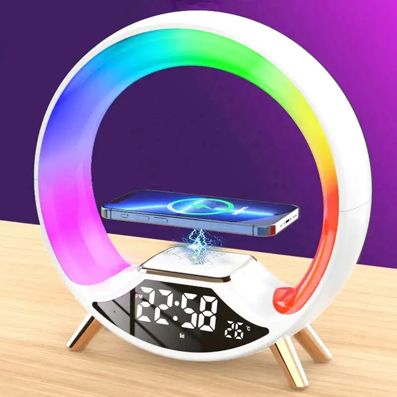 Réveil anneau lumineux arc-en-ciel sur base noire -  - reveil-simulateur-daube-enfant - ["bluetooth","enfant","R\u00e9veil bluetooth","r\u00e9veil enfant","simulateur d'aube","veilleuse"]