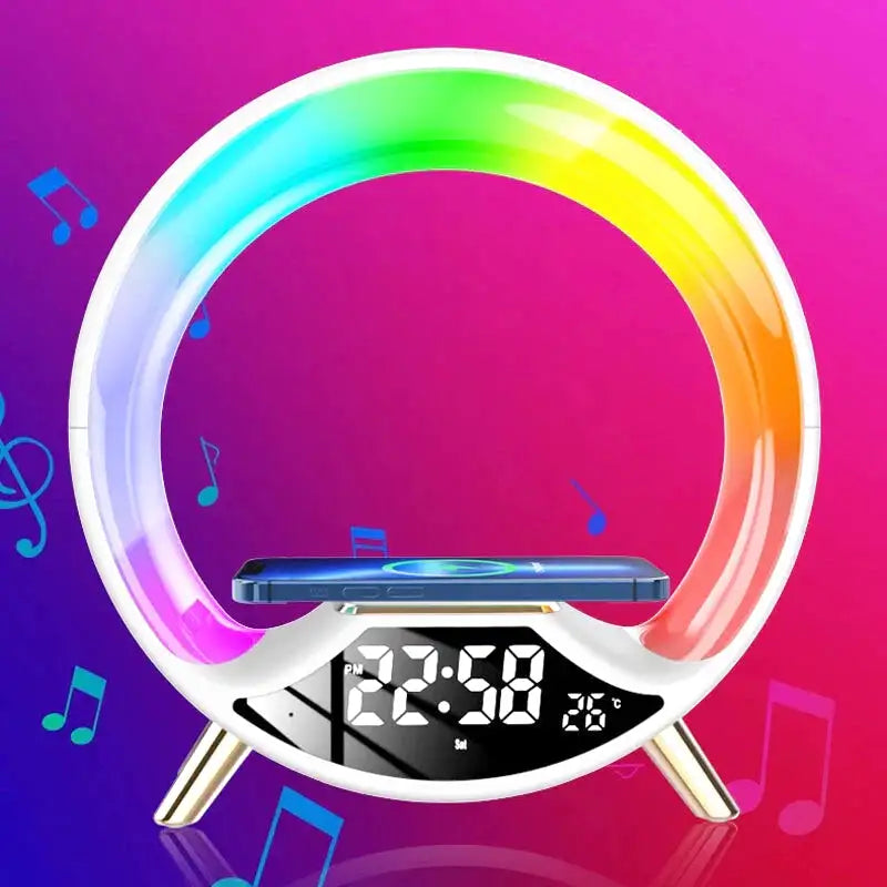 Réveil anneau lumineux arc-en-ciel sur base noire -  - reveil-simulateur-daube-enfant - ["bluetooth","enfant","R\u00e9veil bluetooth","r\u00e9veil enfant","simulateur d'aube","veilleuse"]