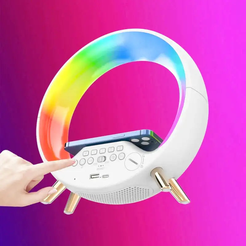 Réveil anneau lumineux arc-en-ciel sur base noire -  - reveil-simulateur-daube-enfant - ["bluetooth","enfant","R\u00e9veil bluetooth","r\u00e9veil enfant","simulateur d'aube","veilleuse"]