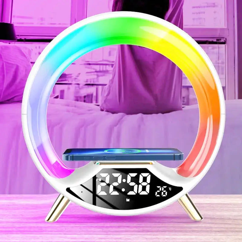 Réveil anneau lumineux arc-en-ciel sur base noire -  - reveil-simulateur-daube-enfant - ["bluetooth","enfant","R\u00e9veil bluetooth","r\u00e9veil enfant","simulateur d'aube","veilleuse"]