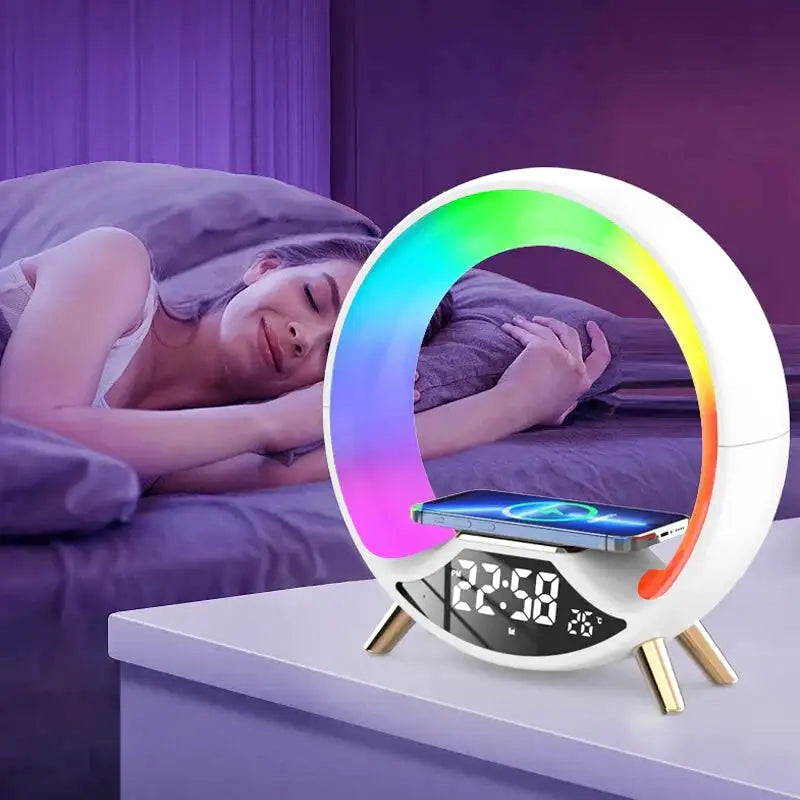 Réveil anneau lumineux arc-en-ciel sur base noire -  - reveil-simulateur-daube-enfant - ["bluetooth","enfant","R\u00e9veil bluetooth","r\u00e9veil enfant","simulateur d'aube","veilleuse"]