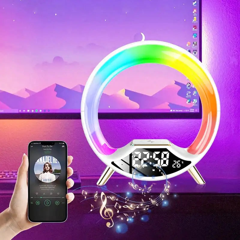 Réveil anneau lumineux arc-en-ciel sur base noire -  - reveil-simulateur-daube-enfant - ["bluetooth","enfant","R\u00e9veil bluetooth","r\u00e9veil enfant","simulateur d'aube","veilleuse"]