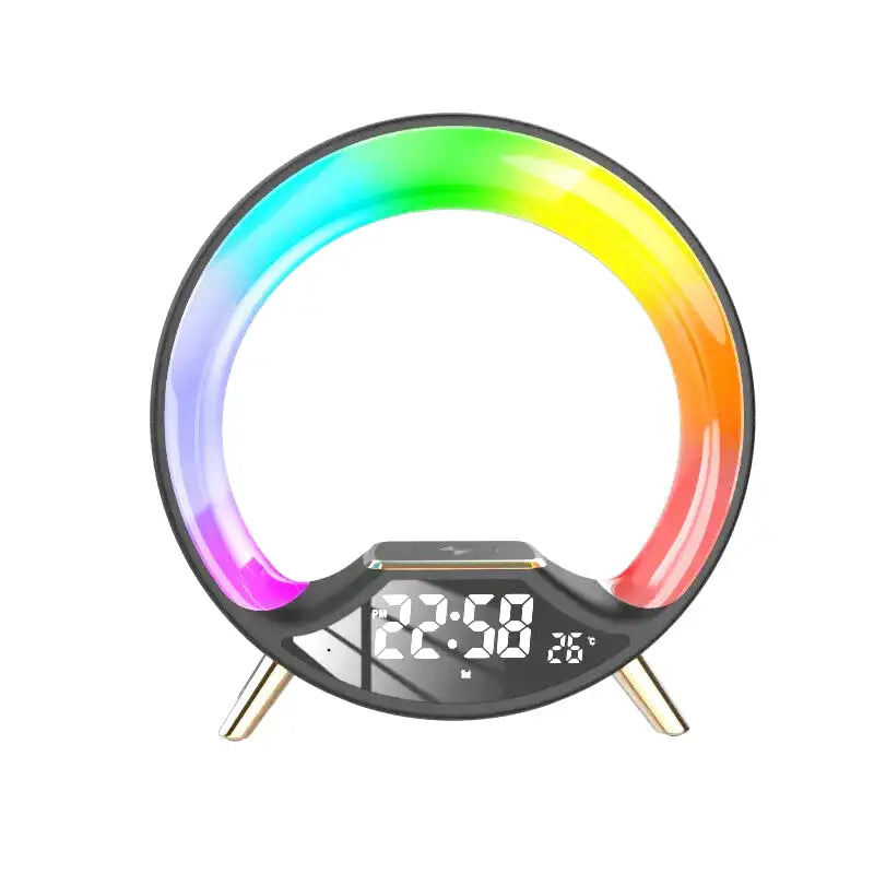 Réveil anneau lumineux arc-en-ciel sur base noire -  - reveil-simulateur-daube-enfant - ["bluetooth","enfant","R\u00e9veil bluetooth","r\u00e9veil enfant","simulateur d'aube","veilleuse"]