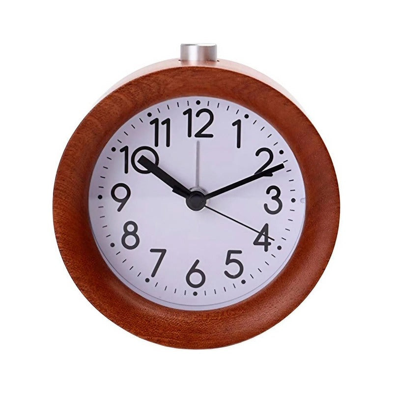 Réveil rond en bois sombre à cadran blanc -  - reveil-bois-horloge - ["analogique","petit","radio bois","radio reveil bois","r\u00e9veil analogique","simple"]