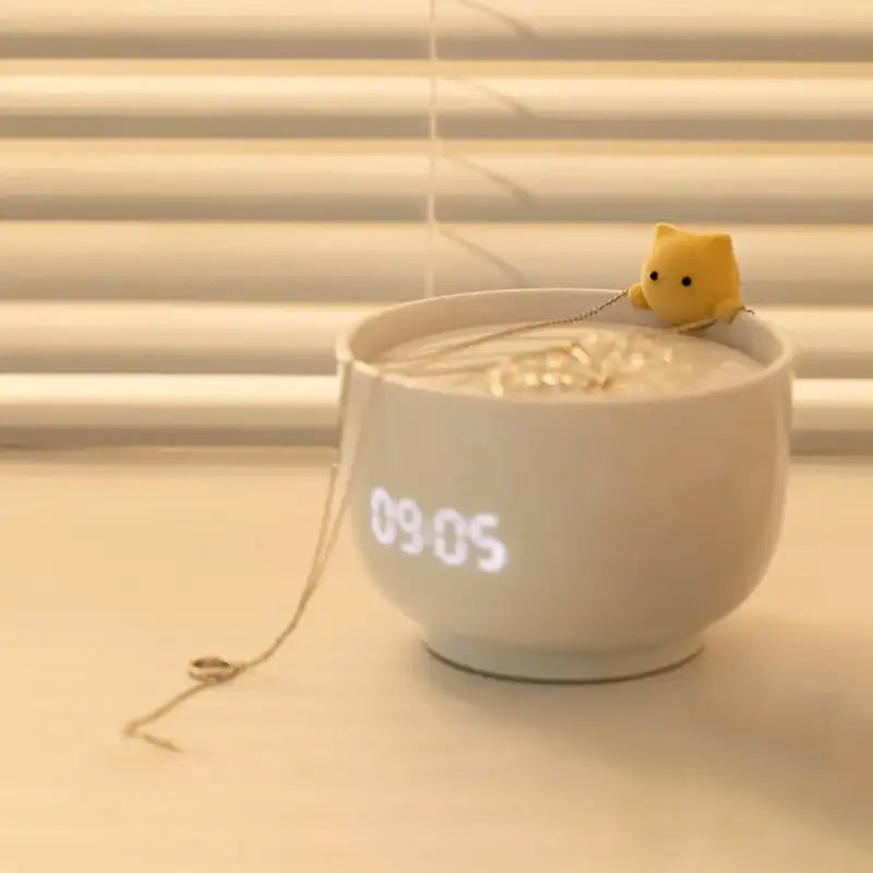 Réveil bol blanc avec figurine chat doré -  - reveil-veilleuse-lampe - ["chat","veilleuse"]