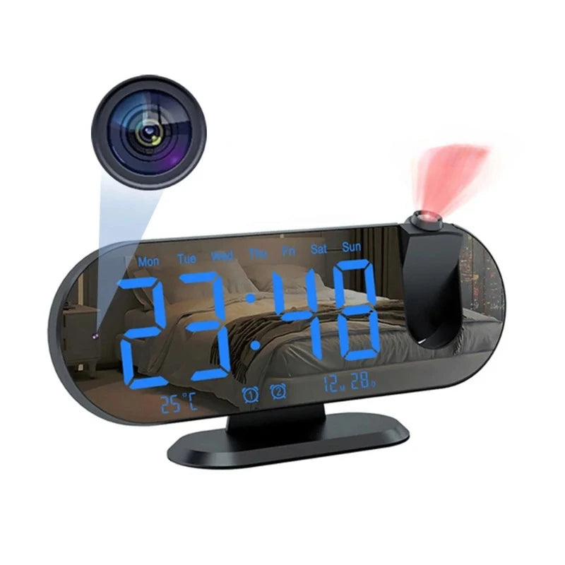 Réveil projecteur ovale noir avec caméra intégrée Wi-Fi -  - reveil-camera-espion-wifi - ["cam\u00e9ra espion","connect\u00e9","moderne","num\u00e9rique","r\u00e9veil digital"]