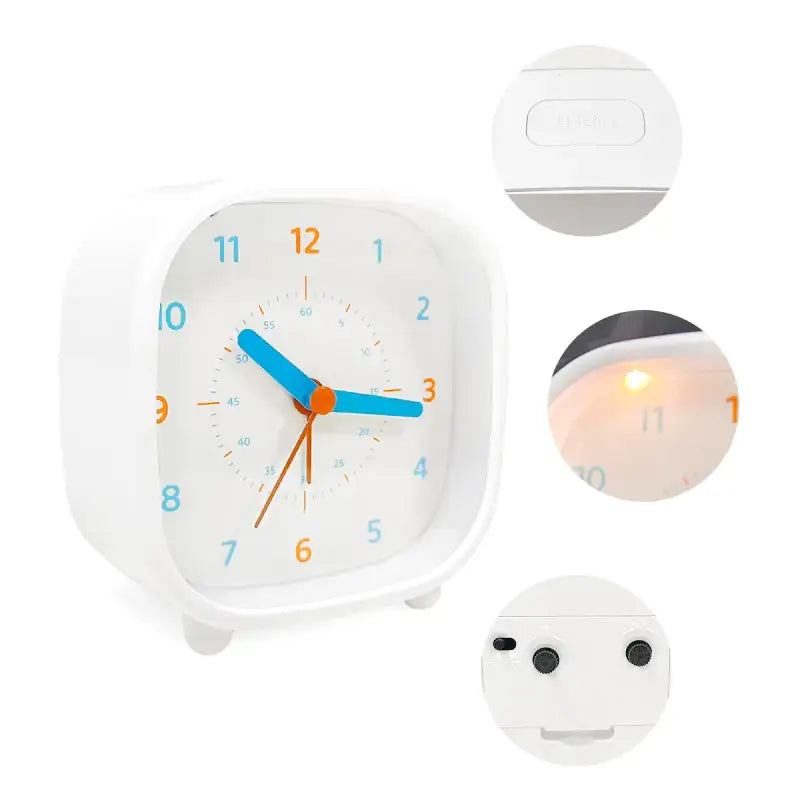 Réveil carré blanc pour enfant chiffres colorés -  - reveil-enfant-8-ans - ["analogique","petit","petit reveil","r\u00e9veil analogique","simple"]