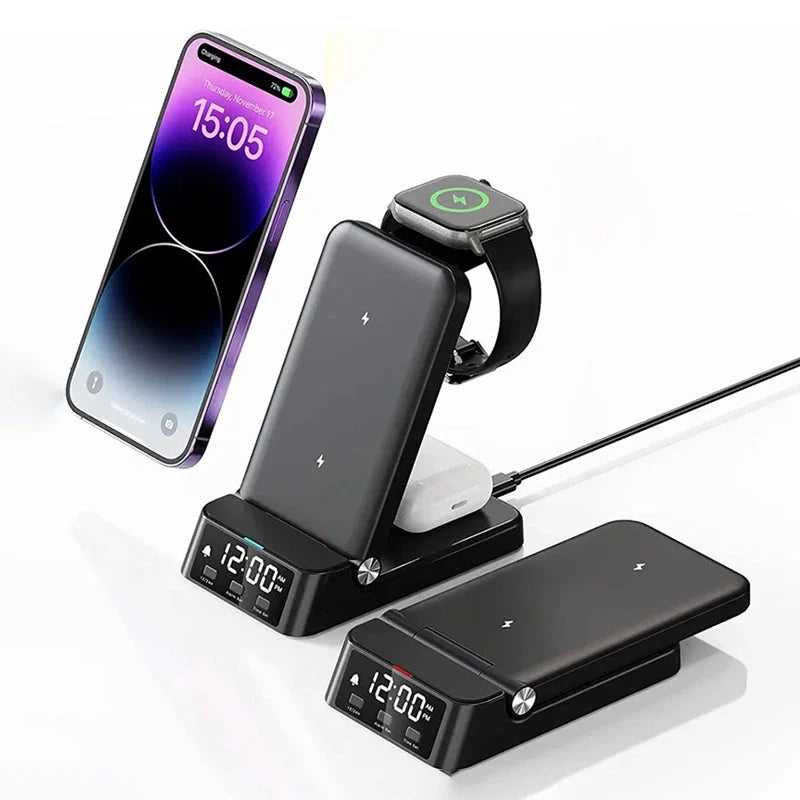 Station de charge LED noire avec horloge intégrée -  - reveil-chargeur-induction-apple-et-samsung - ["chargeur induction","connect\u00e9","num\u00e9rique","petit","simple"]