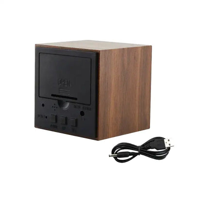 Réveil cube numérique en bois à LED jaunes