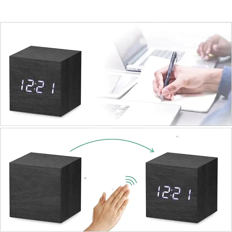 Réveil cube numérique noir à affichage LED blanc