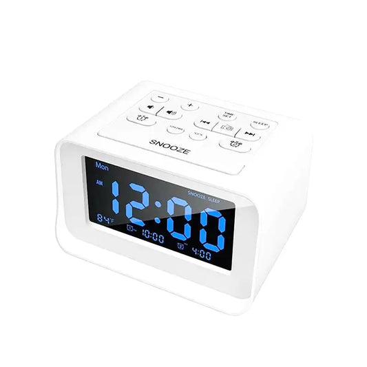 Réveil digital blanc à affichage bleu rectangulaire