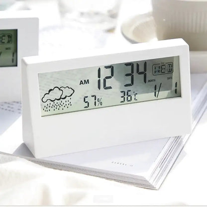 Réveil digital blanc mat avec affichage météo intégré
